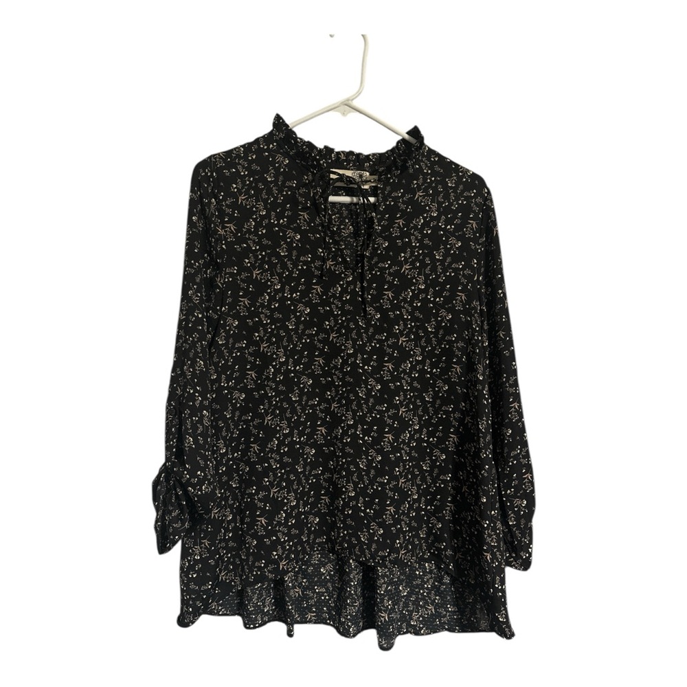EVERLEIGH Black Tan Floral Boho Peasant Roll Tab Sleeve Top Neck Tie Sz XS